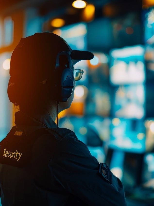 A person offering unarmed security services by watching a group of monitors